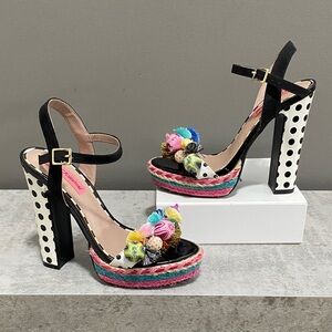 Betsey Johnson Black Polka Dot Heels with Colorful Pom-Poms Size 6.5